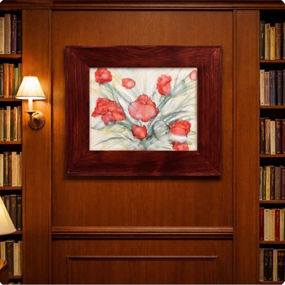Hand crafted original botanical red  abstract alcohol ink wall decor painting